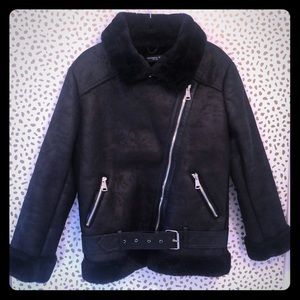 Black faux suede motorcycle jacket